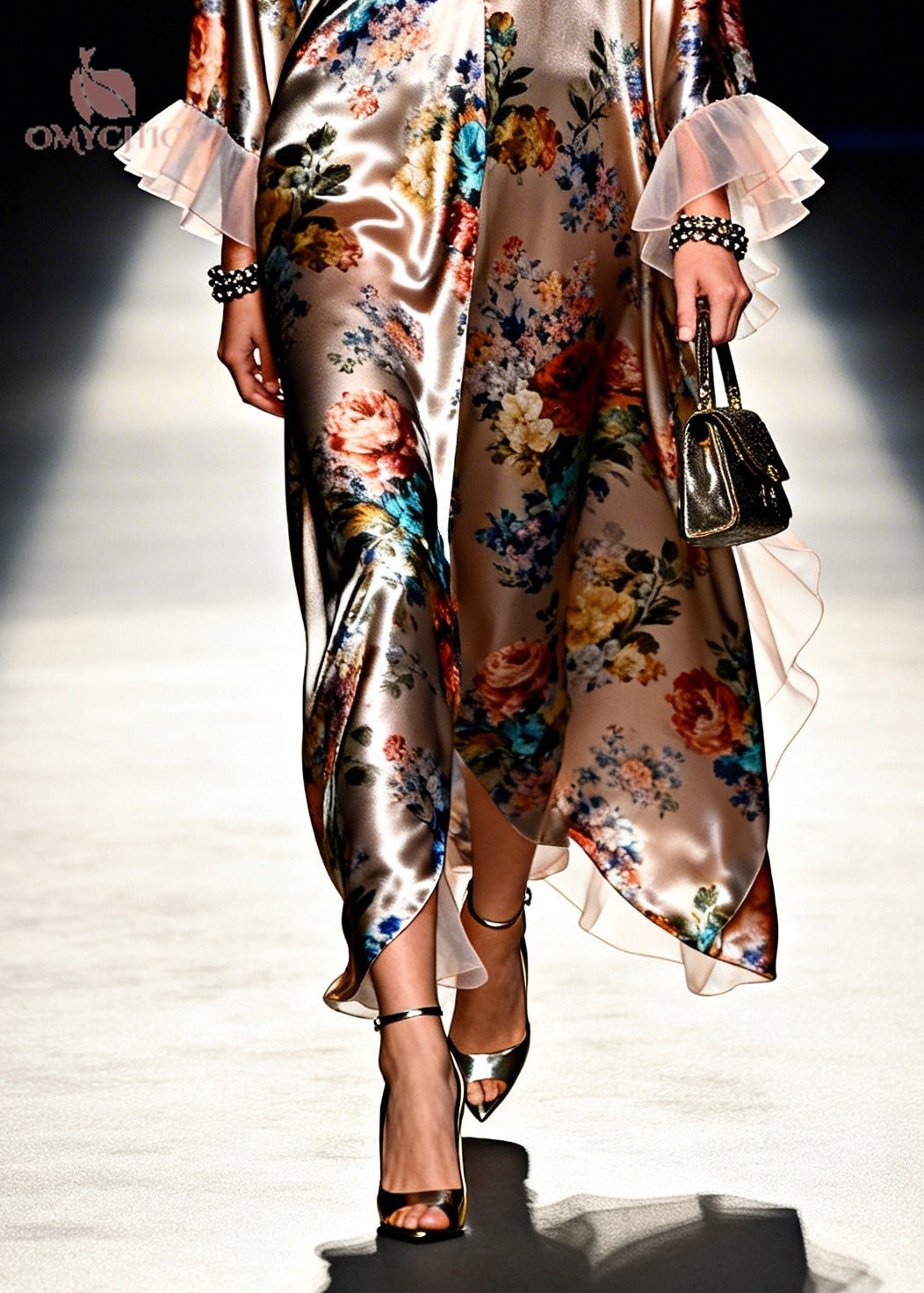 Floral Print Satin Ruffle Collar Ruffle Cuff Long Sleeve Deep V-Neck Kaftan Maxi Dress