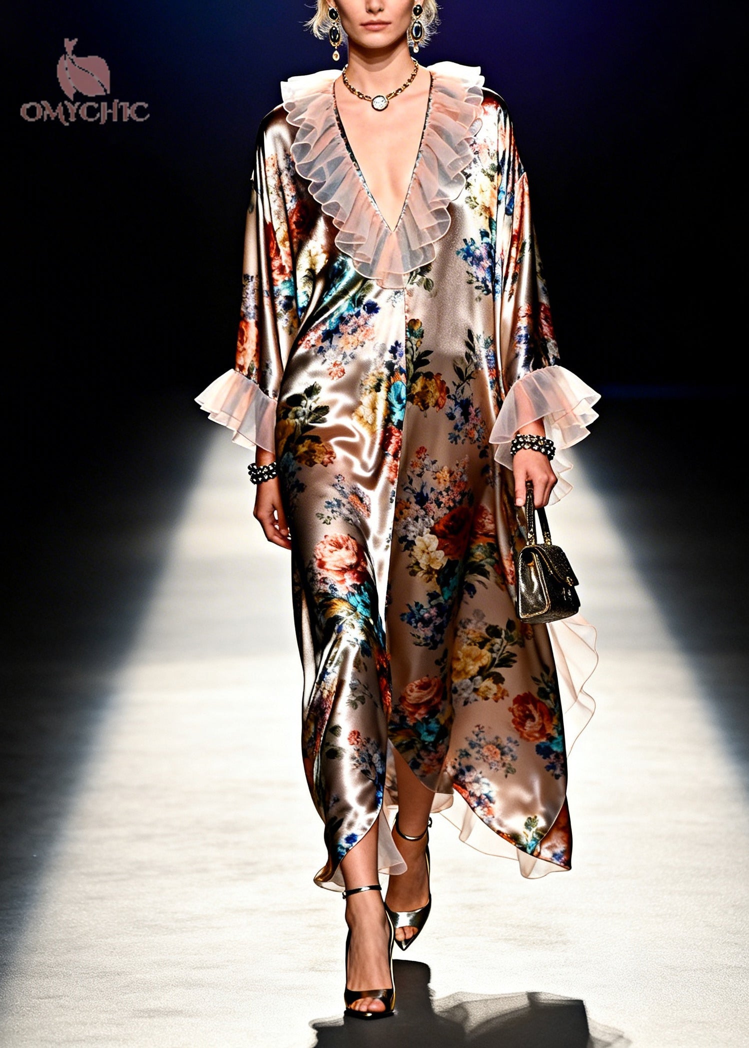 Floral Print Satin Ruffle Collar Ruffle Cuff Long Sleeve Deep V-Neck Kaftan Maxi Dress