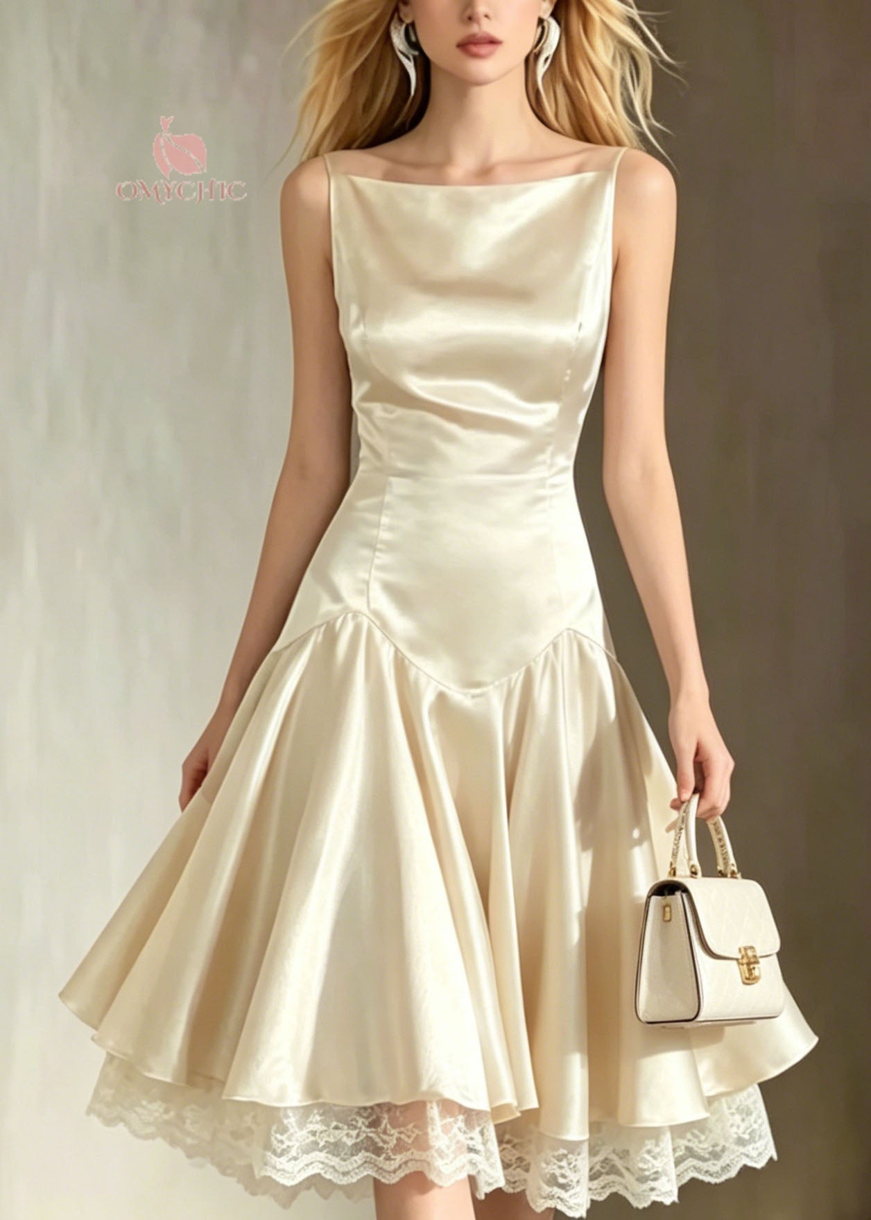 Italian Champagne Lace Patchwork Silk Spaghetti Strap Dress Summer - View 2
