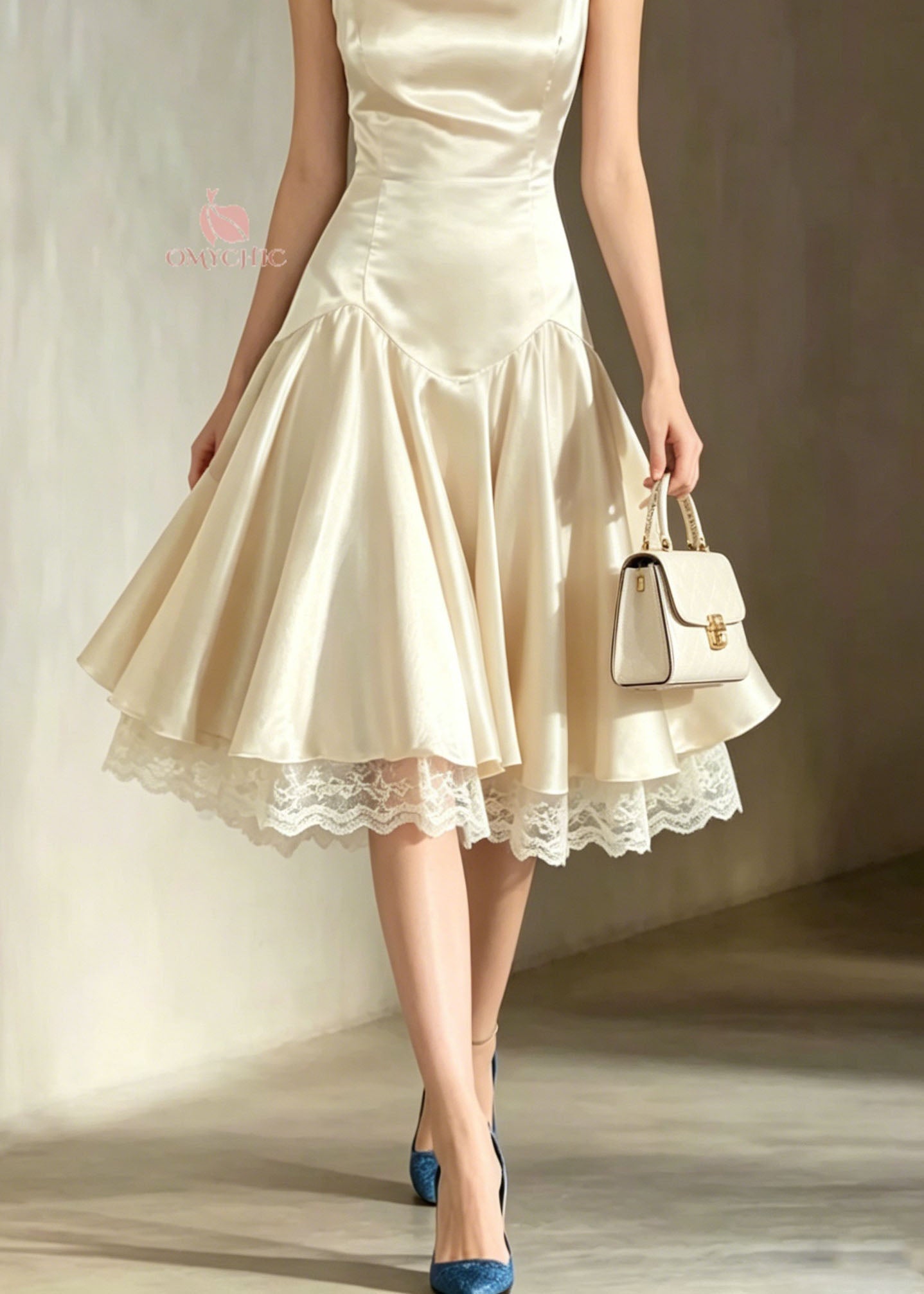 Italian Champagne Lace Patchwork Silk Spaghetti Strap Dress Summer - View 4