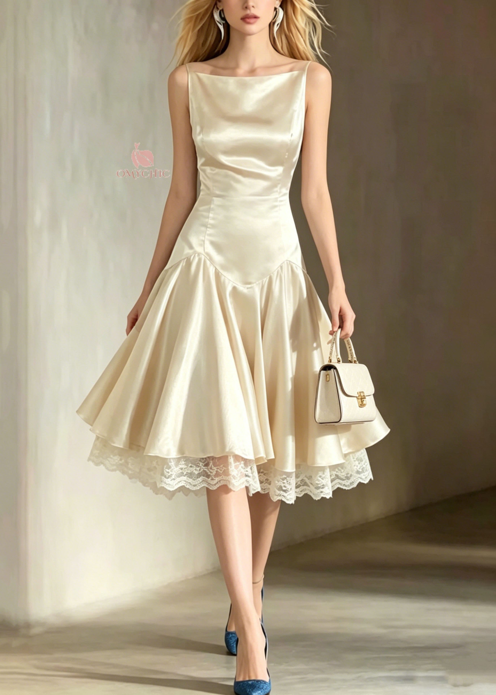 Italian Champagne Lace Patchwork Silk Spaghetti Strap Dress Summer - View 5