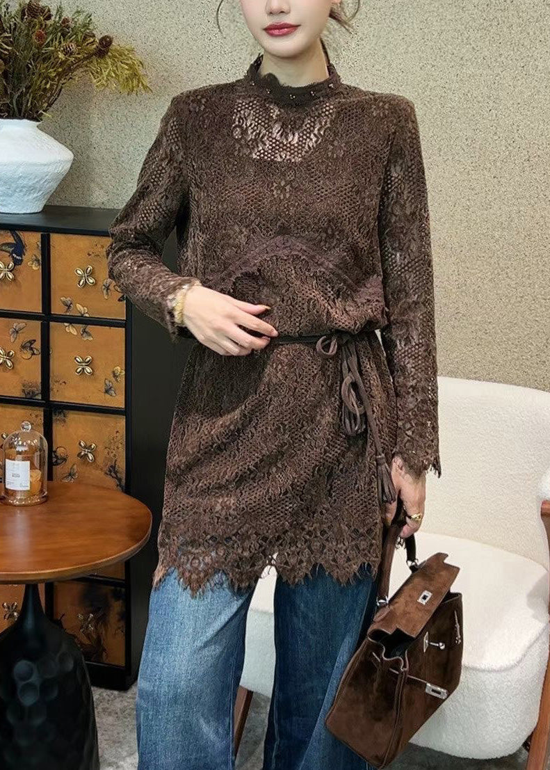 Italian Coffee Hollow Out Tie Waist Lace Mini Dress Fall 2