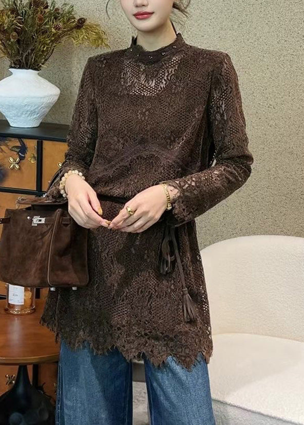 Italian Coffee Hollow Out Tie Waist Lace Mini Dress Fall 4