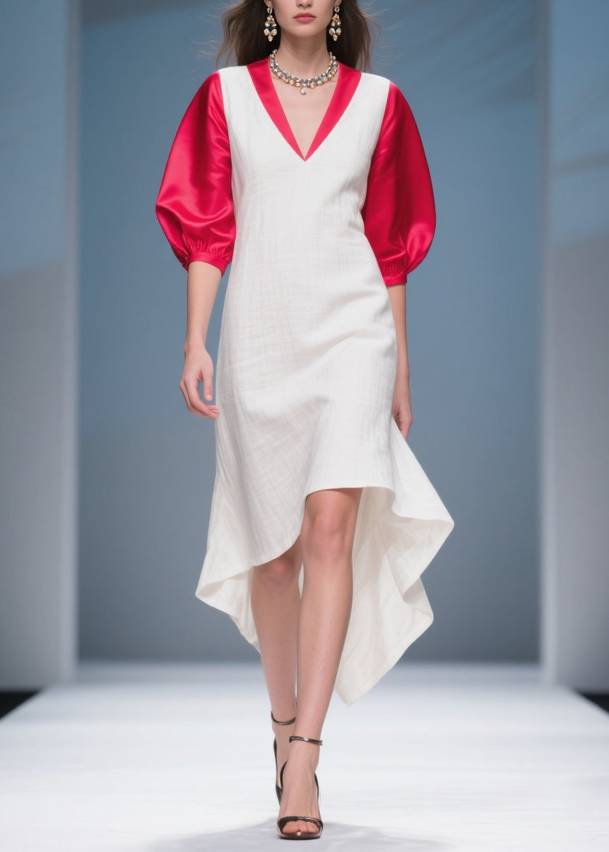Deep V-Neck Puff Sleeve Contrast Trim High Low Midi Dress