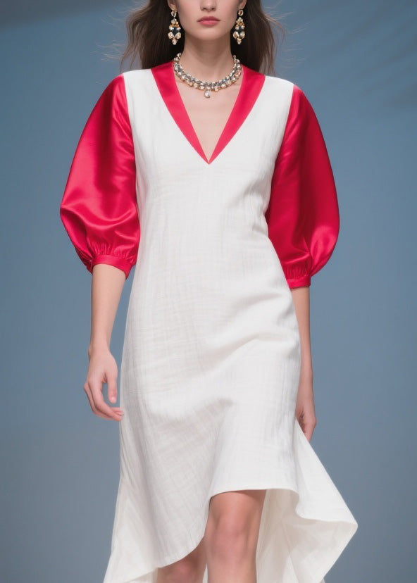 Deep V-Neck Puff Sleeve Contrast Trim High Low Midi Dress