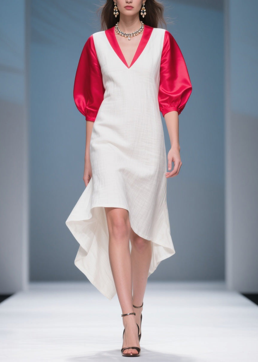 Deep V-Neck Puff Sleeve Contrast Trim High Low Midi Dress
