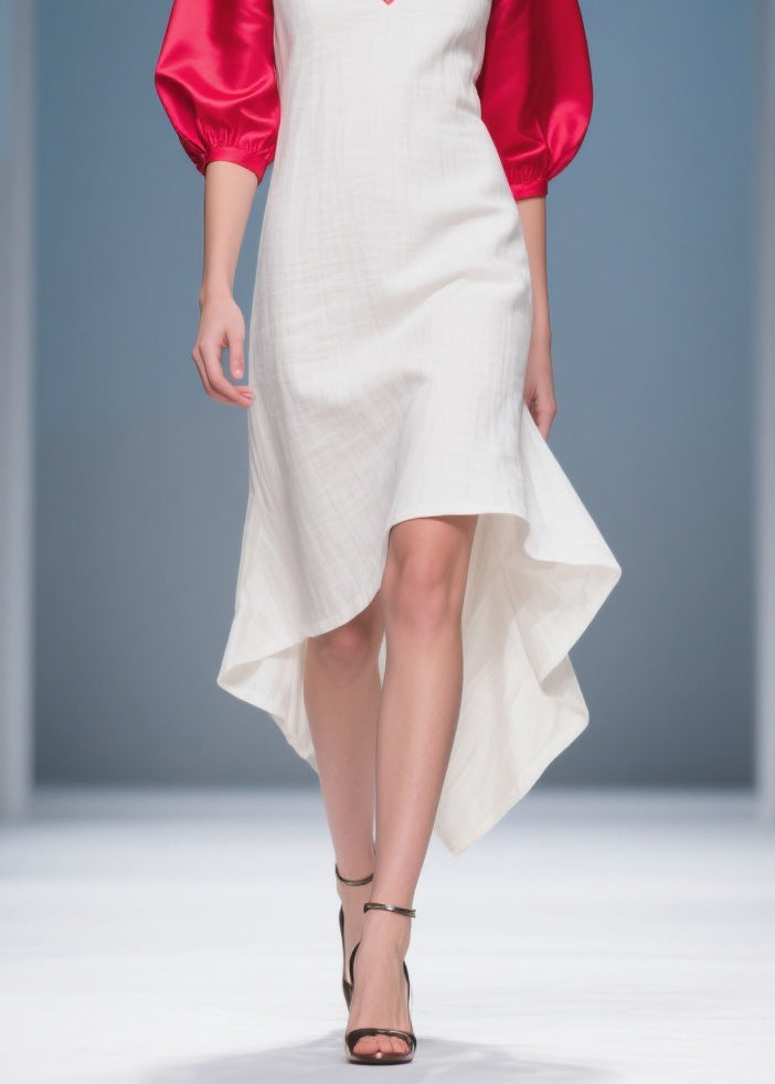 Deep V-Neck Puff Sleeve Contrast Trim High Low Midi Dress