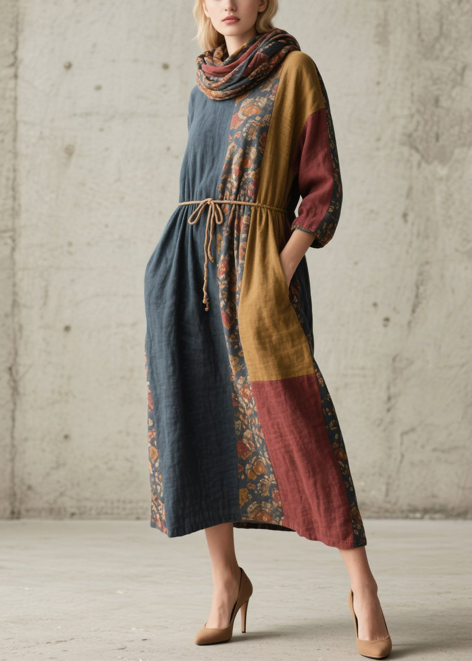 Italian Colorblock Tie Waist Print Cotton Maxi Dresses Fall