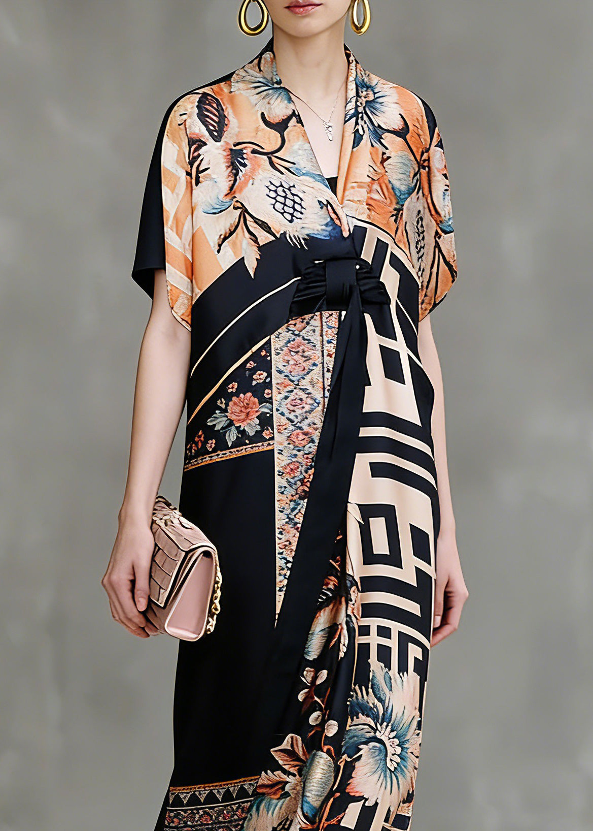 Italian Colorblock V Neck Asymmetrical Design Print Silk Dresses Short Sleeve