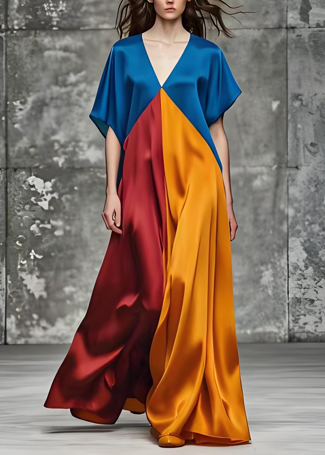 Satin Deep V-Neck Short Sleeve Color Block Kaftan Maxi Dress