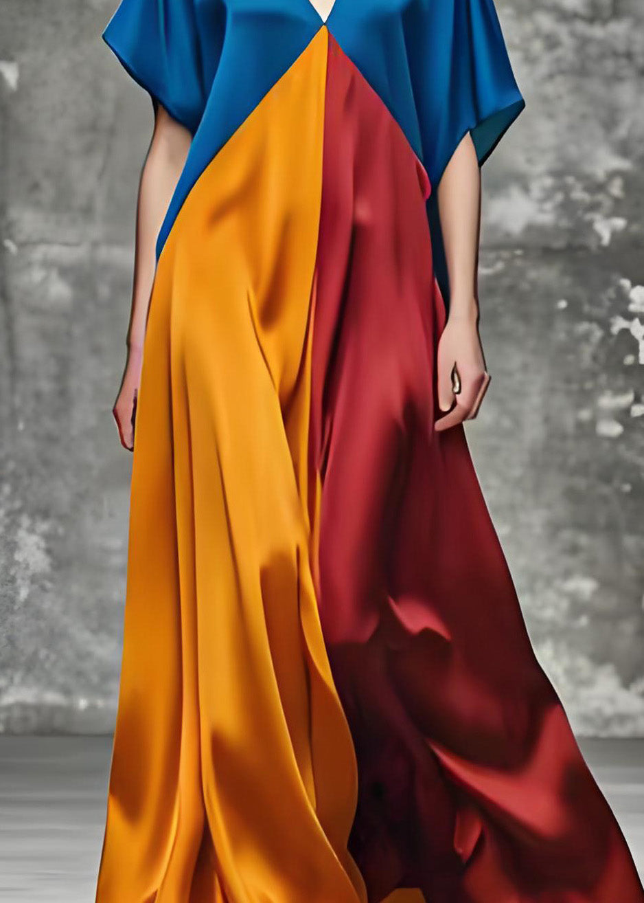 Satin Deep V-Neck Short Sleeve Color Block Kaftan Maxi Dress