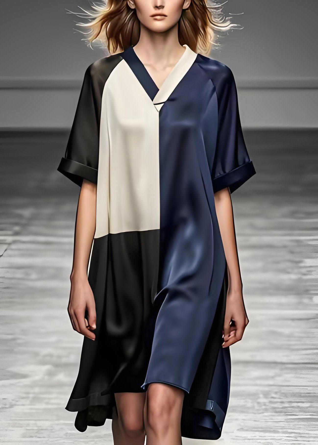 Satin V-Neck Contrast Collar Colorblock Loose Shift Midi Dress