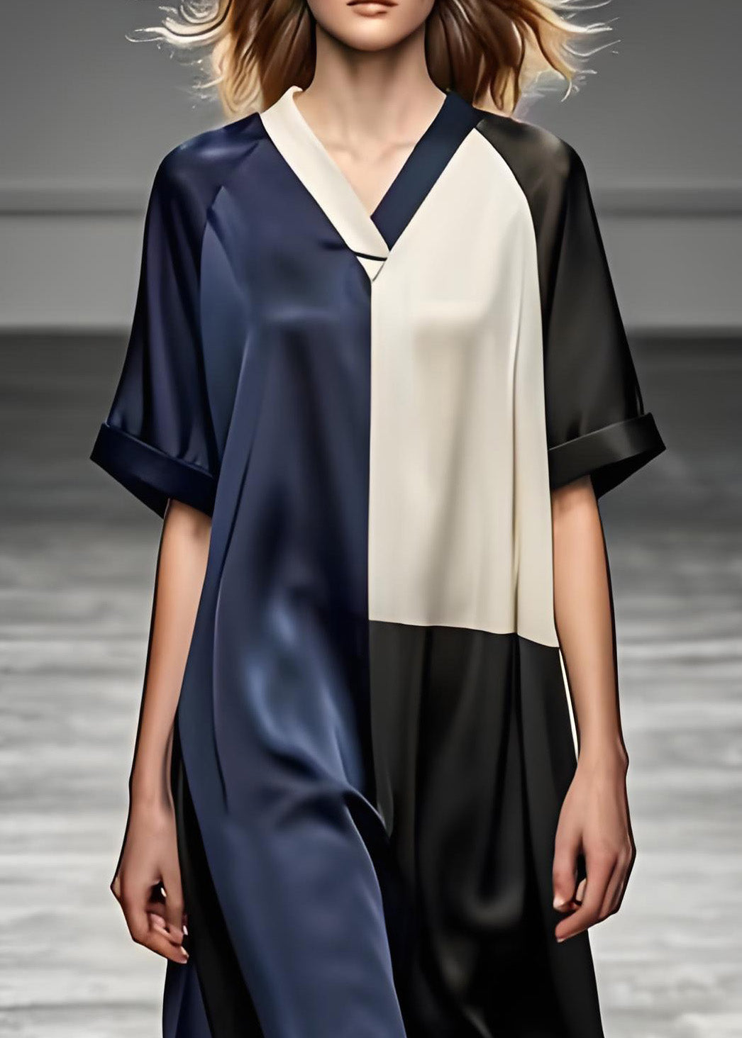 Satin V-Neck Contrast Collar Colorblock Loose Shift Midi Dress