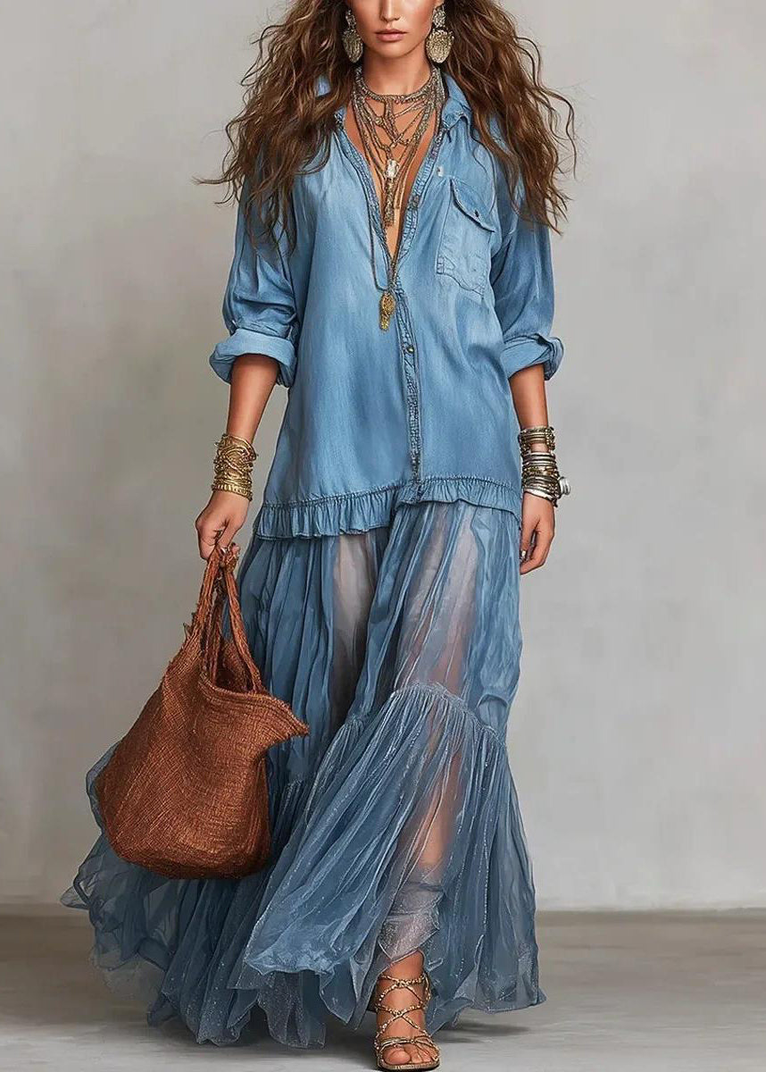 Italian Denim Blue Peter Pan Collar Tulle Patchwork Long Dress Long Sleeve