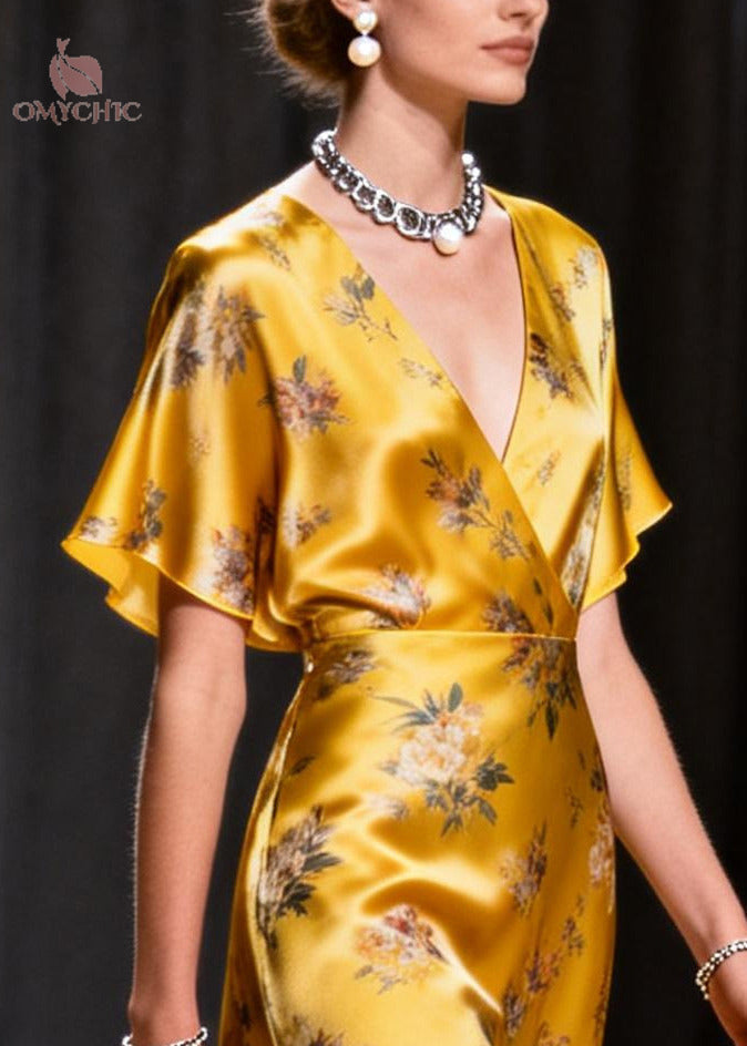 Satin Floral Wrap V-Neck Flutter Sleeve Sheer Ruffle Hem Midi Dress