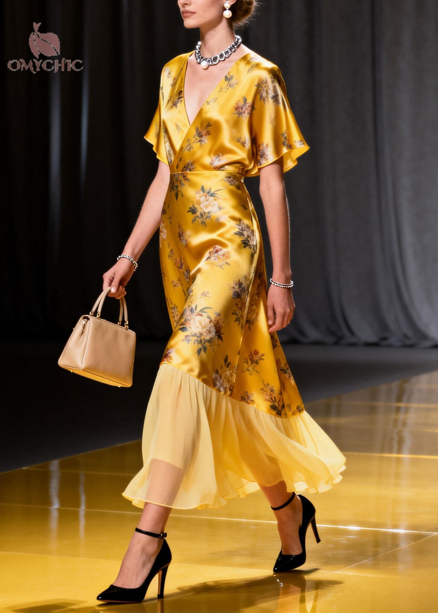 Satin Floral Wrap V-Neck Flutter Sleeve Sheer Ruffle Hem Midi Dress