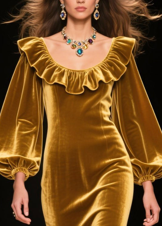 Velvet Ruffle Neck Bishop Sleeve Midi Dress