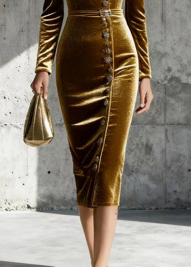 Velvet Wrap V-Neck Long Sleeve Rhinestone Button Bodycon Midi Dress
