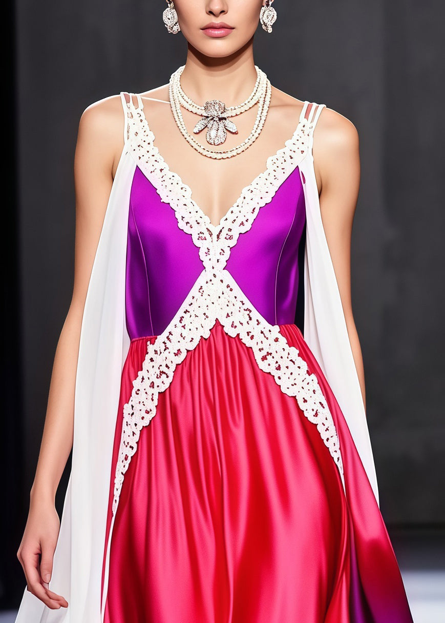 Deep V-Neck Lace Trim Satin Draped Tiered Cape Panel Maxi Gown