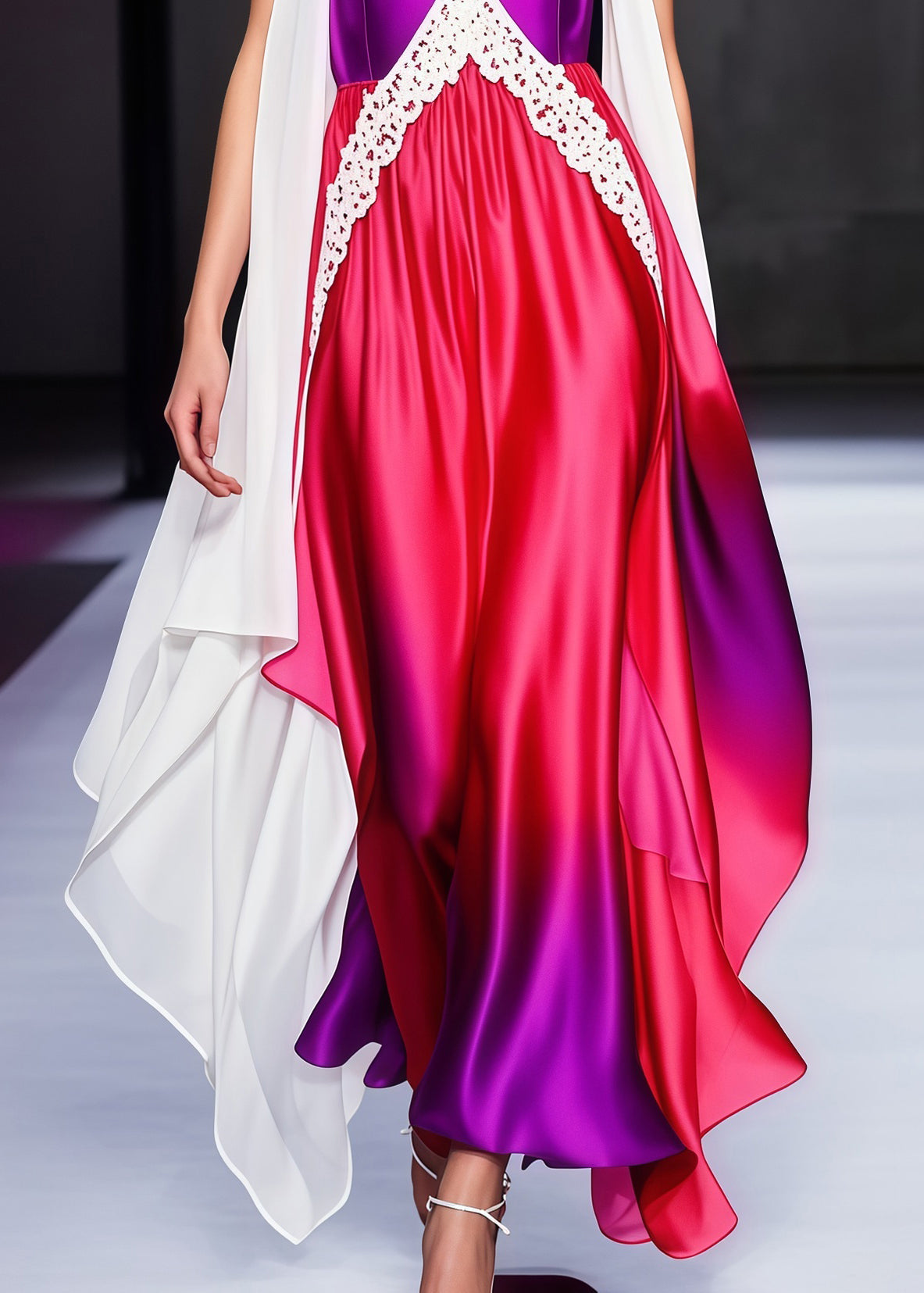 Deep V-Neck Lace Trim Satin Draped Tiered Cape Panel Maxi Gown
