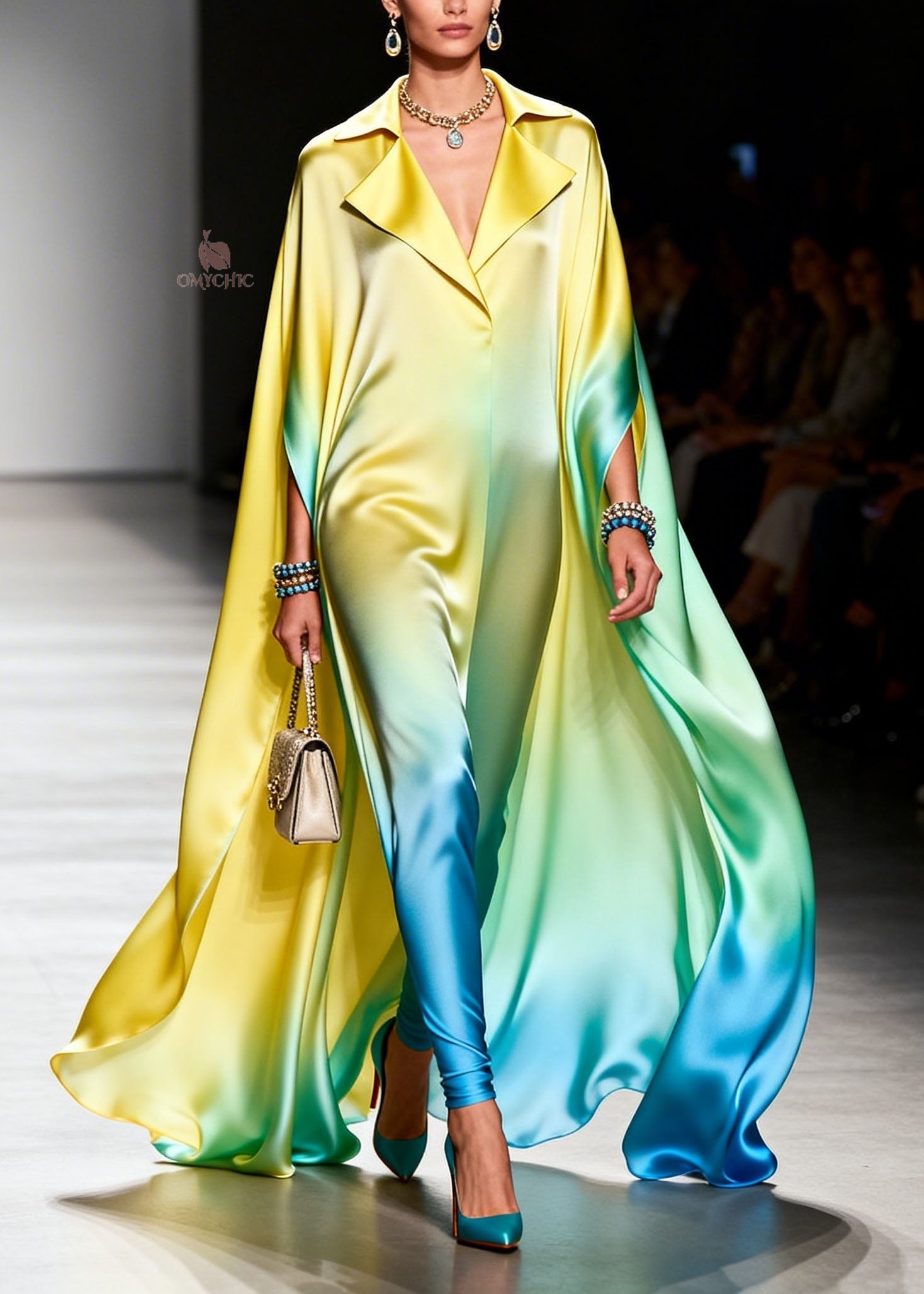 Italian Gradient Color Peter Pan Collar Chiffon Maxi Dresses Summer - View 5