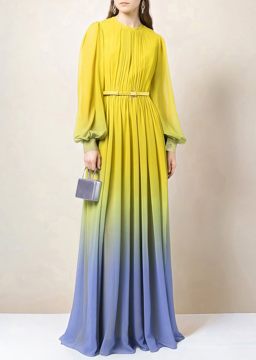 Chiffon Ombre Gradient Pleated Mock Neck Bishop Sleeve Belted Maxi Gown