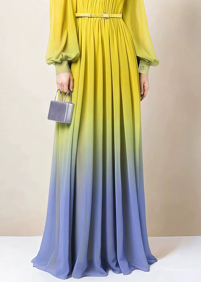Chiffon Ombre Gradient Pleated Mock Neck Bishop Sleeve Belted Maxi Gown