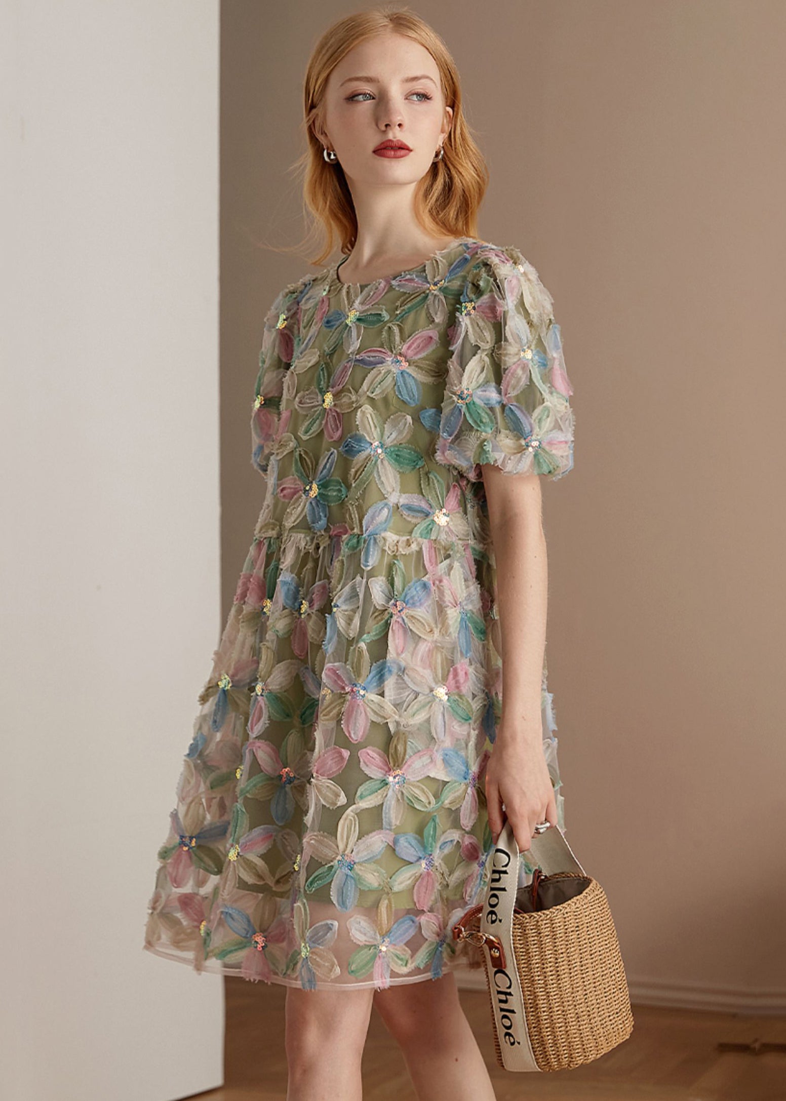 Italian Green O Neck Floral Patchwork Tulle Mid Dresses Puff Sleeve - View 2