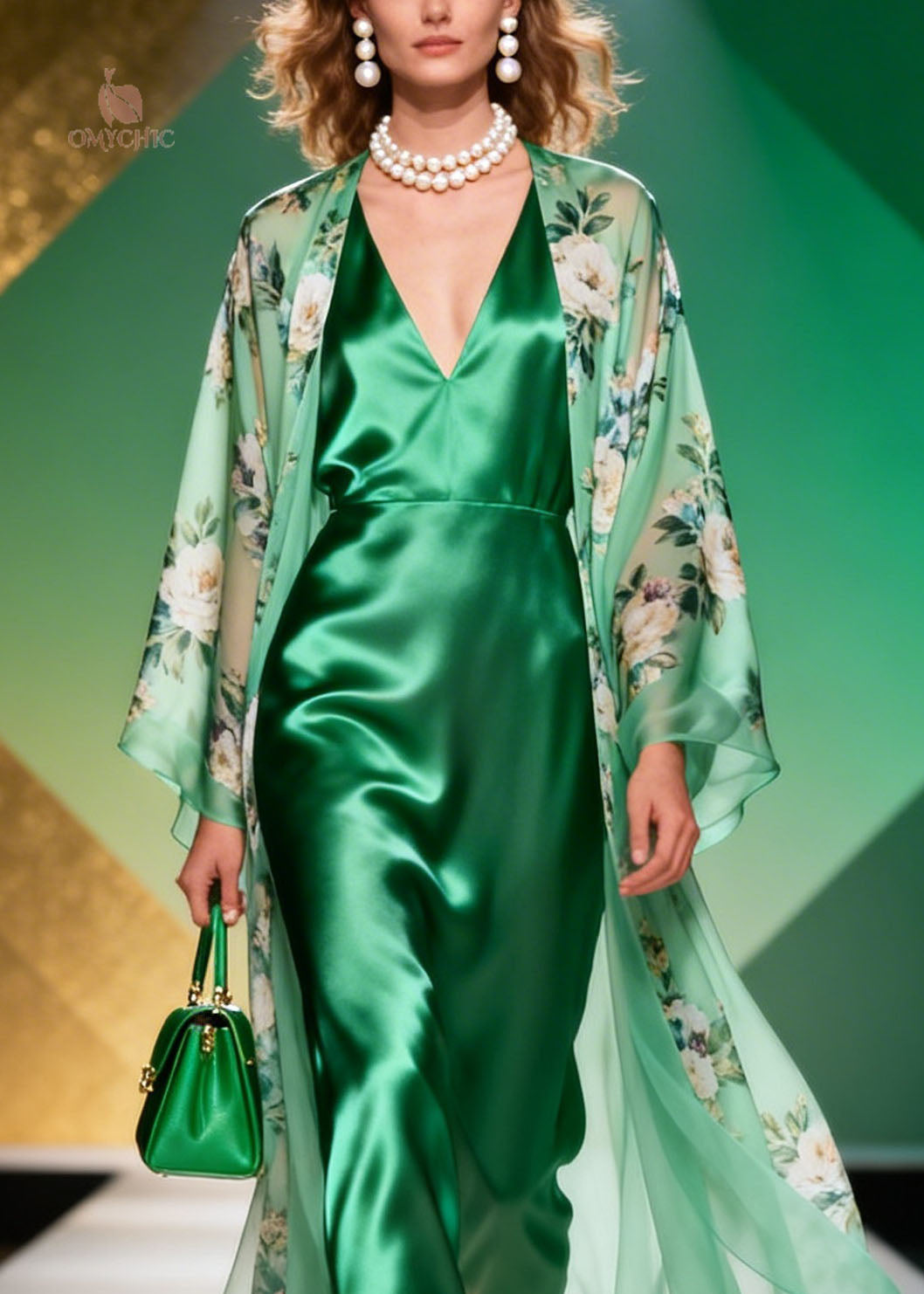 Floral Print Sheer Open Front Coat and Deep V-Neck Sleeveless Midi Dress Two-Piece Set
