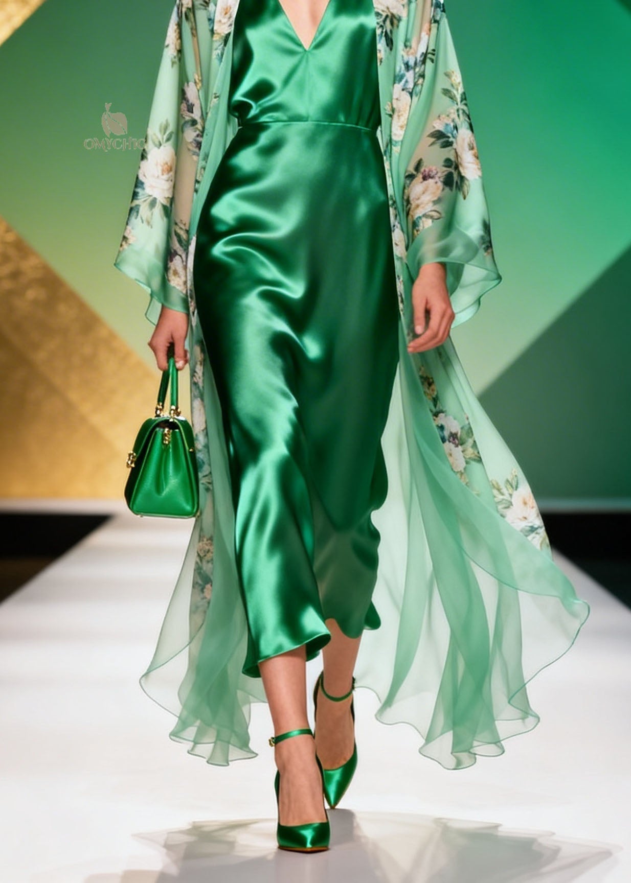 Floral Print Sheer Open Front Coat and Deep V-Neck Sleeveless Midi Dress Two-Piece Set