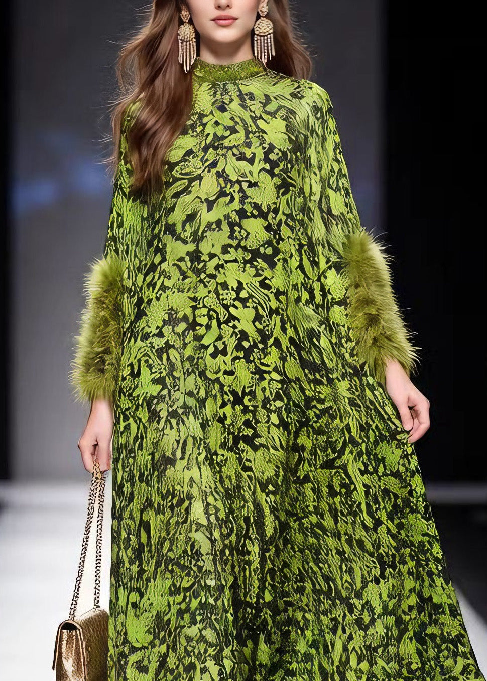 Italian Green Print Fur Patchwork Chiffon Maxi Dresses Spring 2
