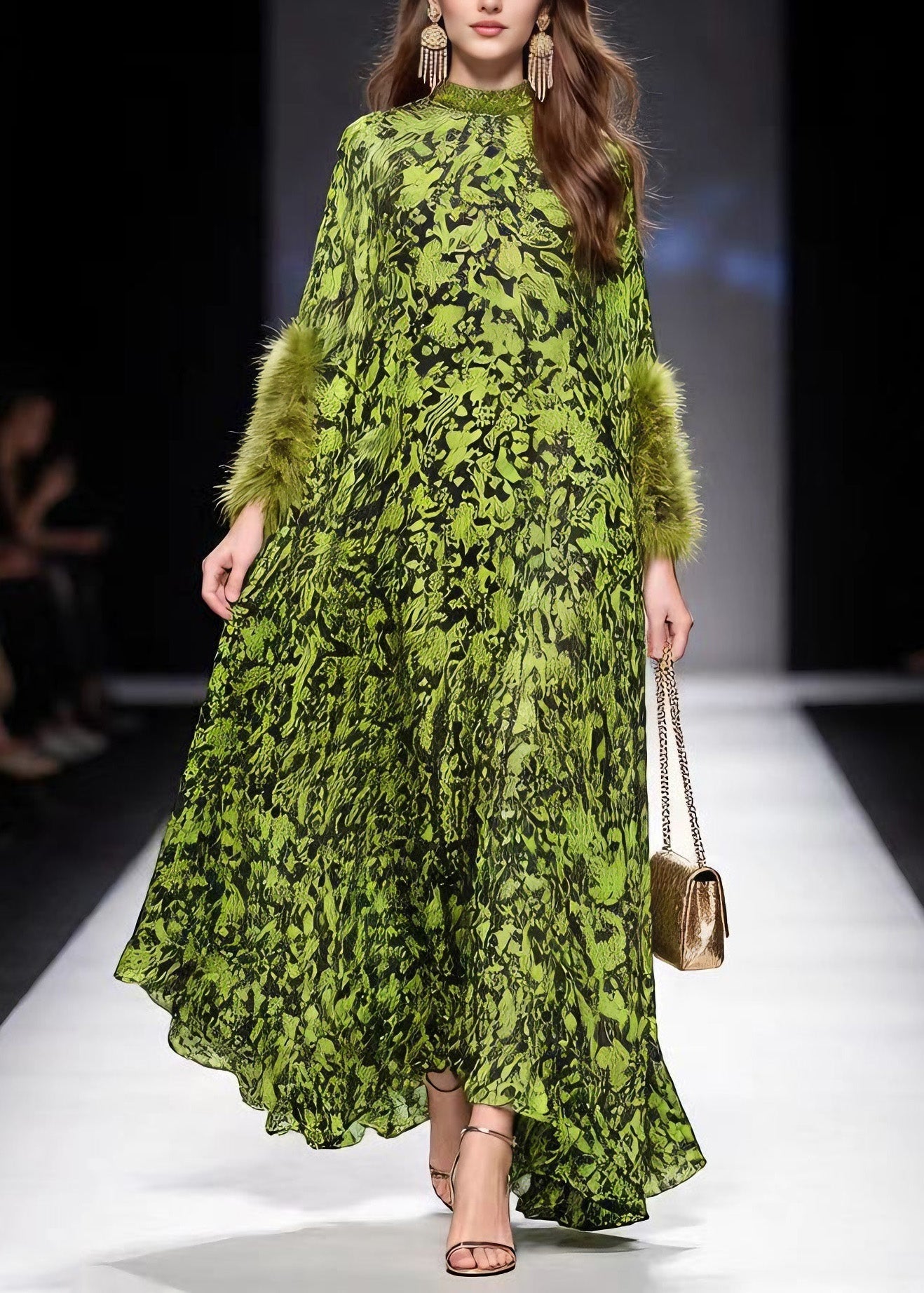 Italian Green Print Fur Patchwork Chiffon Maxi Dresses Spring 3