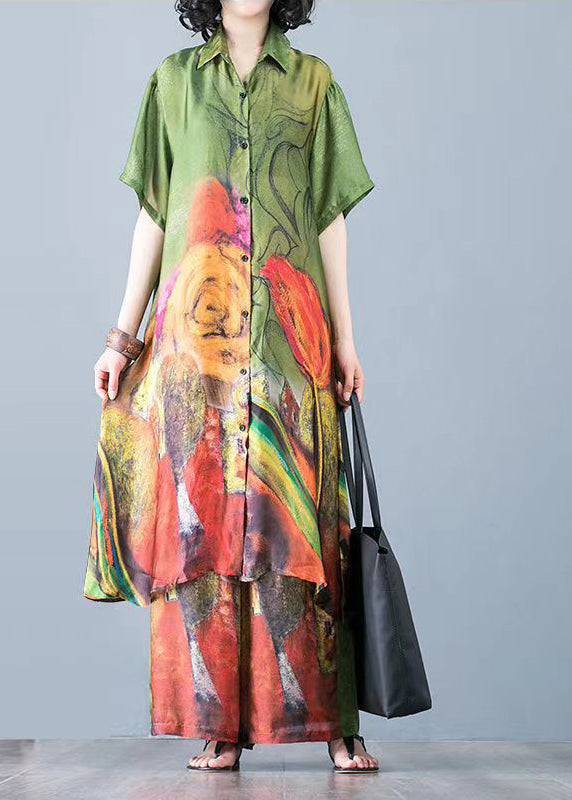 Abstract Print Satin Button Down Short Sleeve Tunic Wide Leg Pants Two Piece Set