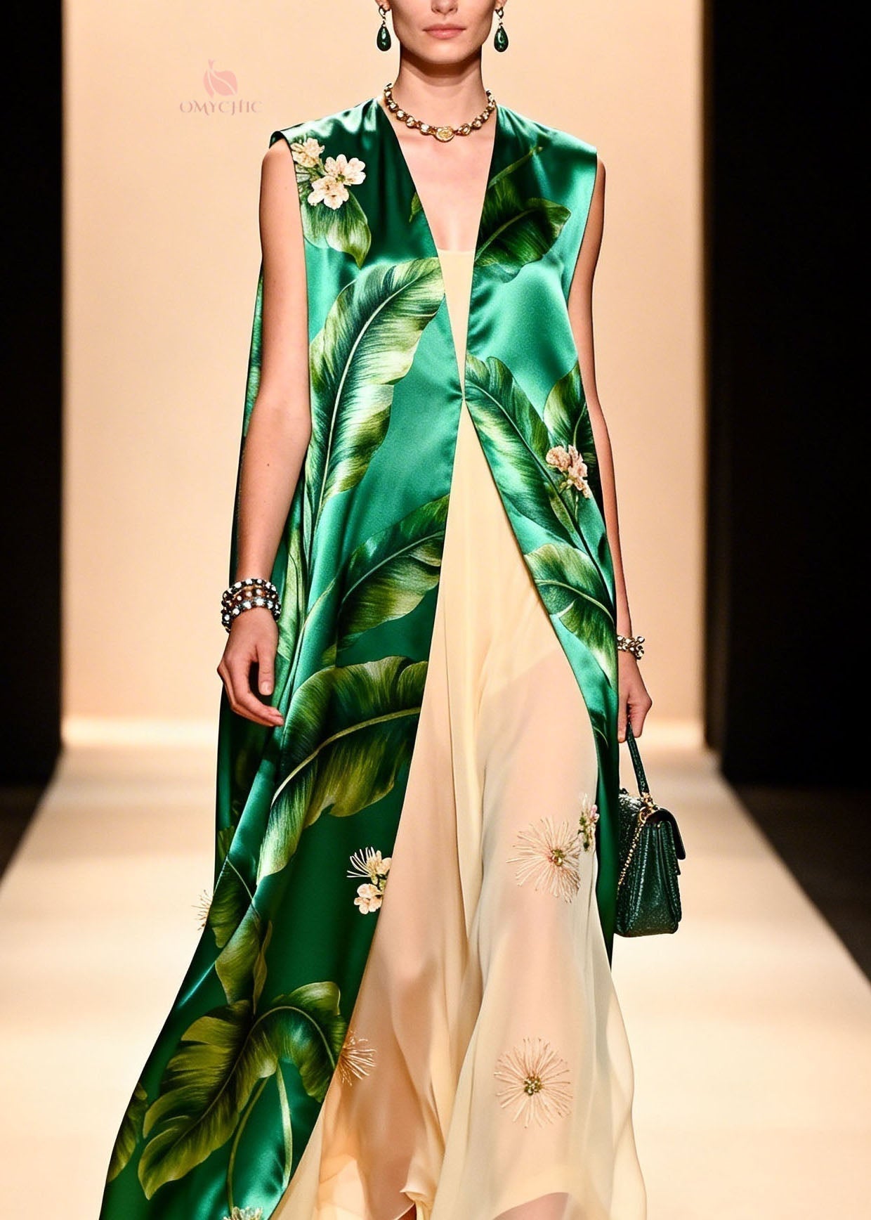Italian Green Print Silk Cardigans Chiffon Dresses Two Pieces Set - View 2