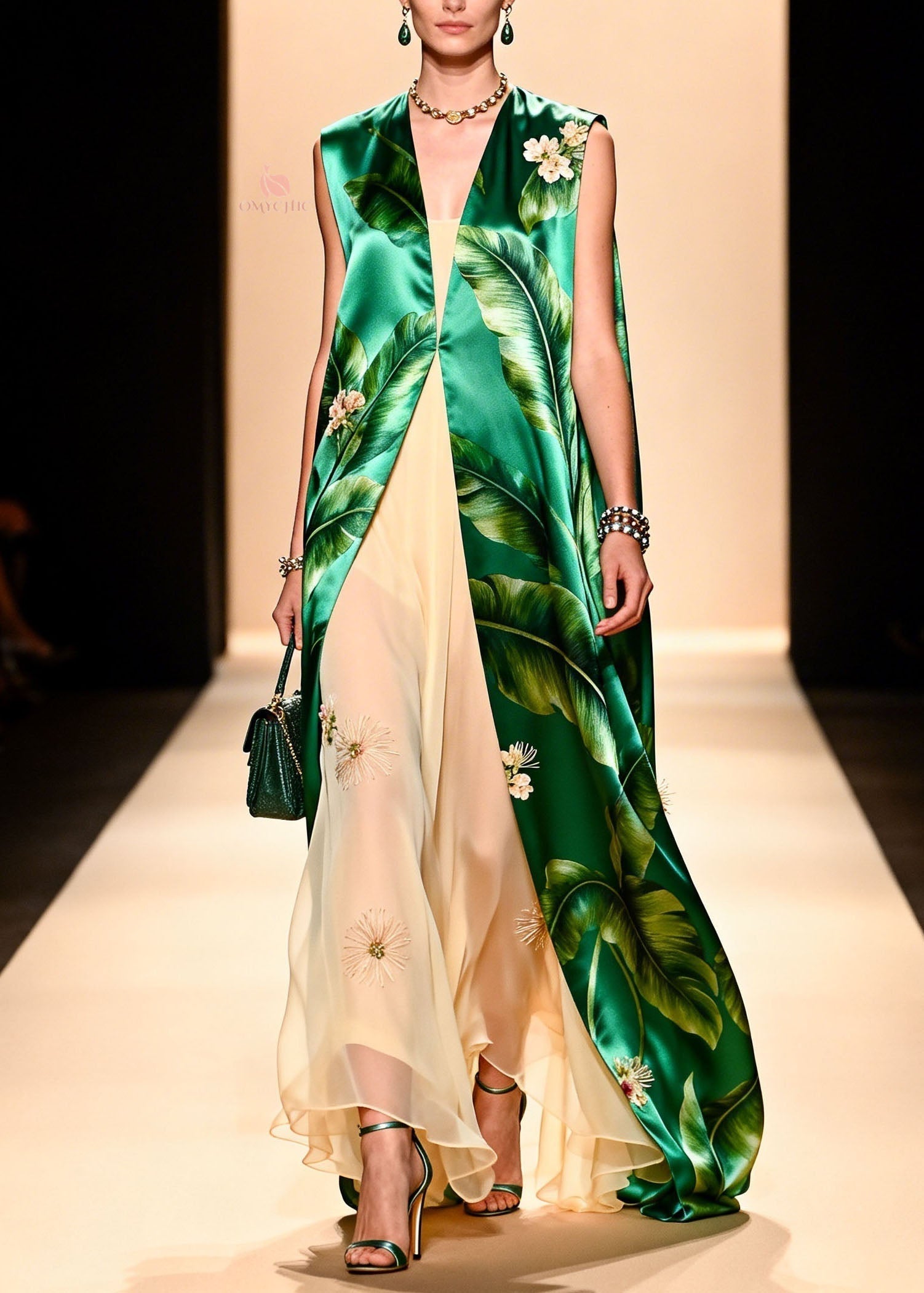 Italian Green Print Silk Cardigans Chiffon Dresses Two Pieces Set - View 3