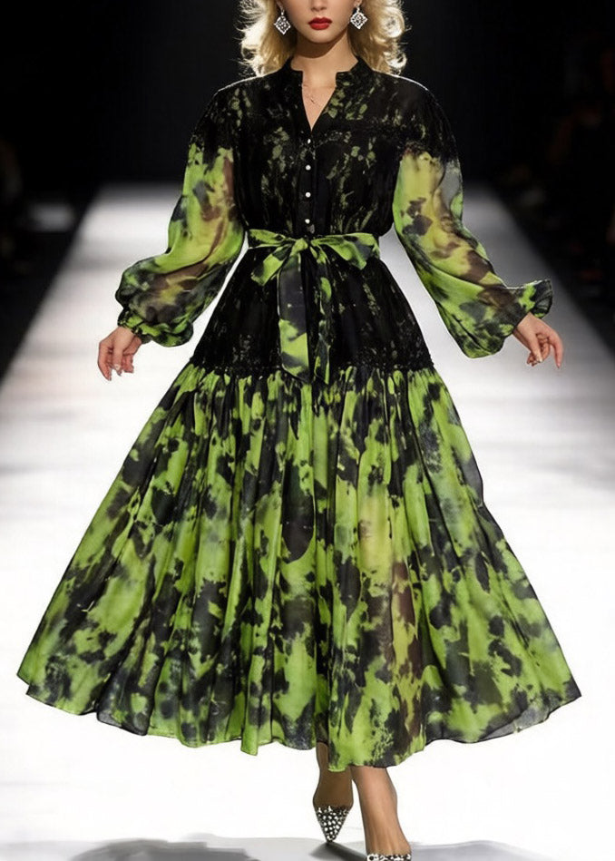 Italian Green Ruffled Lace Patchwork Maxi Dresses Spring