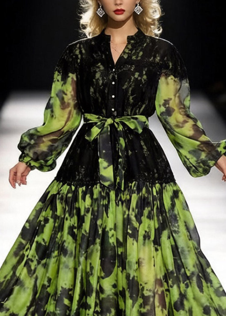 Italian Green Ruffled Lace Patchwork Maxi Dresses Spring - View 2