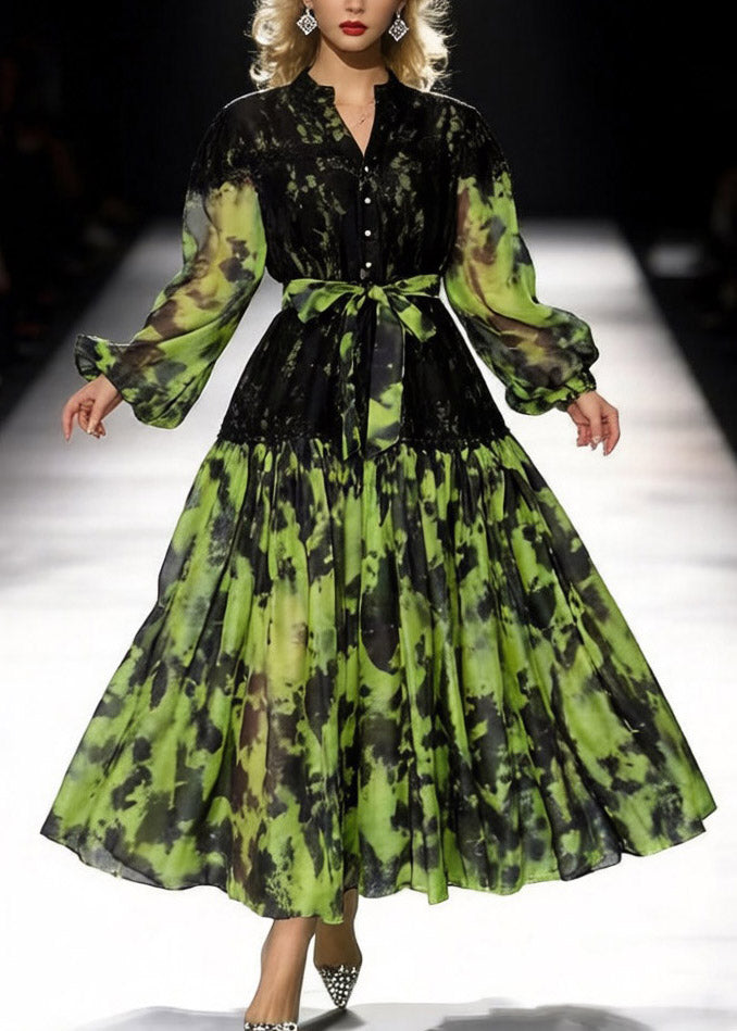 Italian Green Ruffled Lace Patchwork Maxi Dresses Spring - View 3