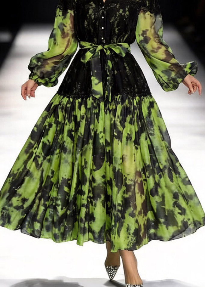 Italian Green Ruffled Lace Patchwork Maxi Dresses Spring - View 4