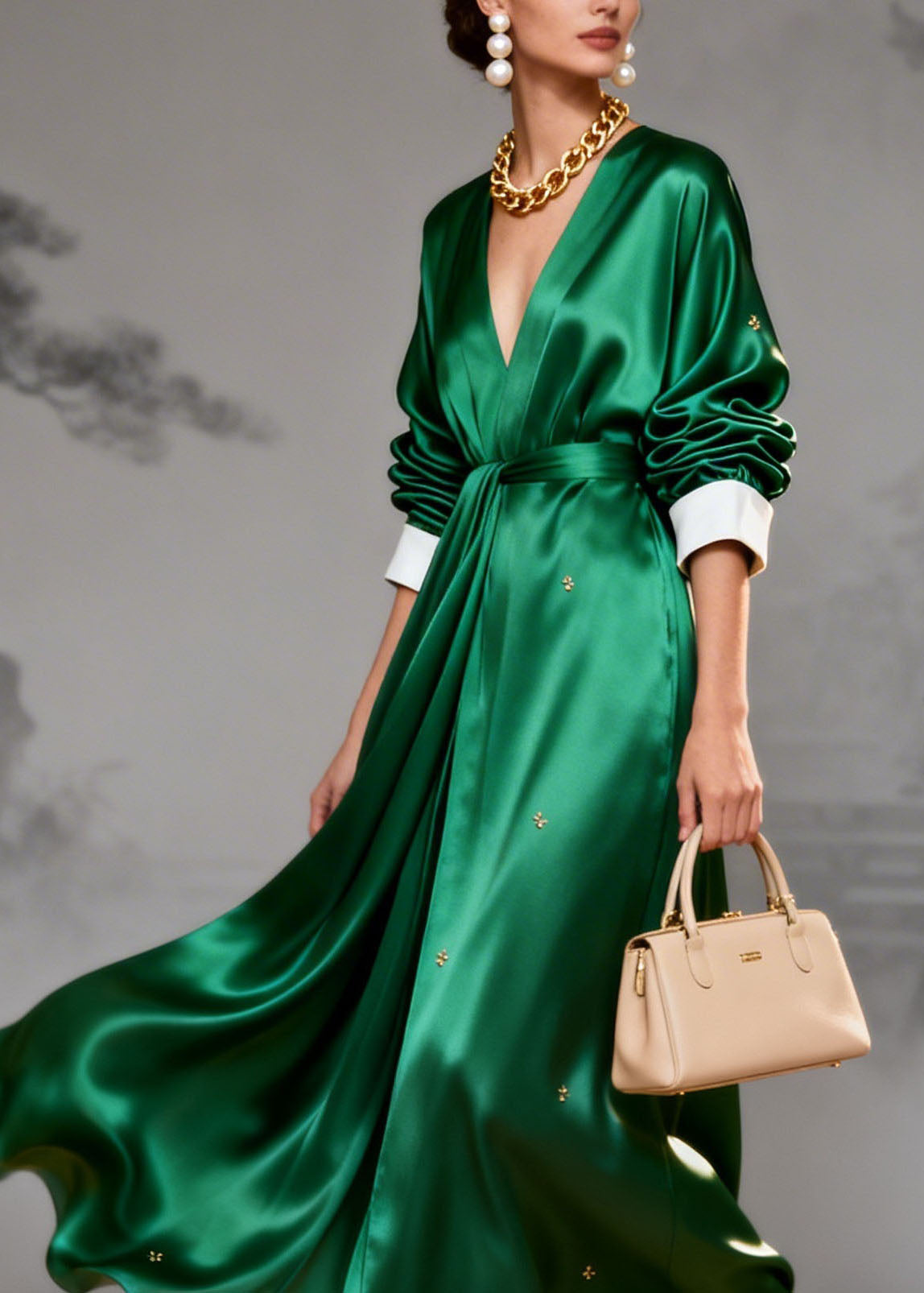 Satin Wrap Deep V-Neck Contrast Cuff Long Sleeve Metallic Applique Maxi Gown