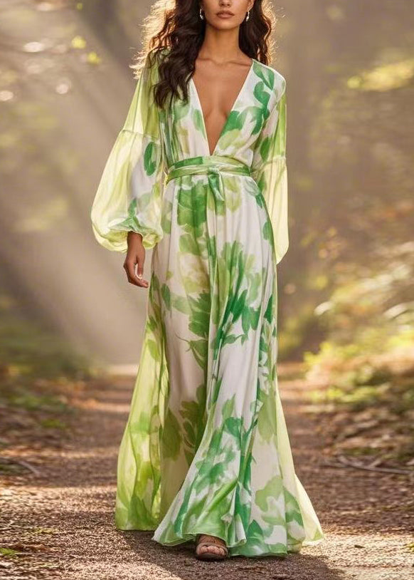Botanical Print Deep V-Neck Bishop Sleeve Tie Waist A-Line Maxi Dress