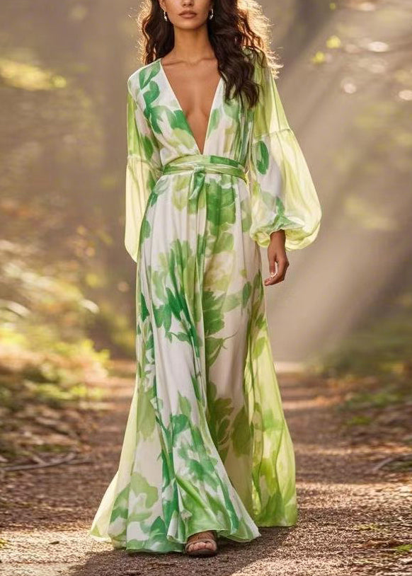 Botanical Print Deep V-Neck Bishop Sleeve Tie Waist A-Line Maxi Dress