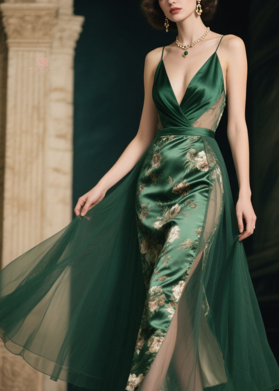 Satin Floral Spaghetti Strap Deep V-Neck Tulle Overlay Mesh Cut Out Midi Dress