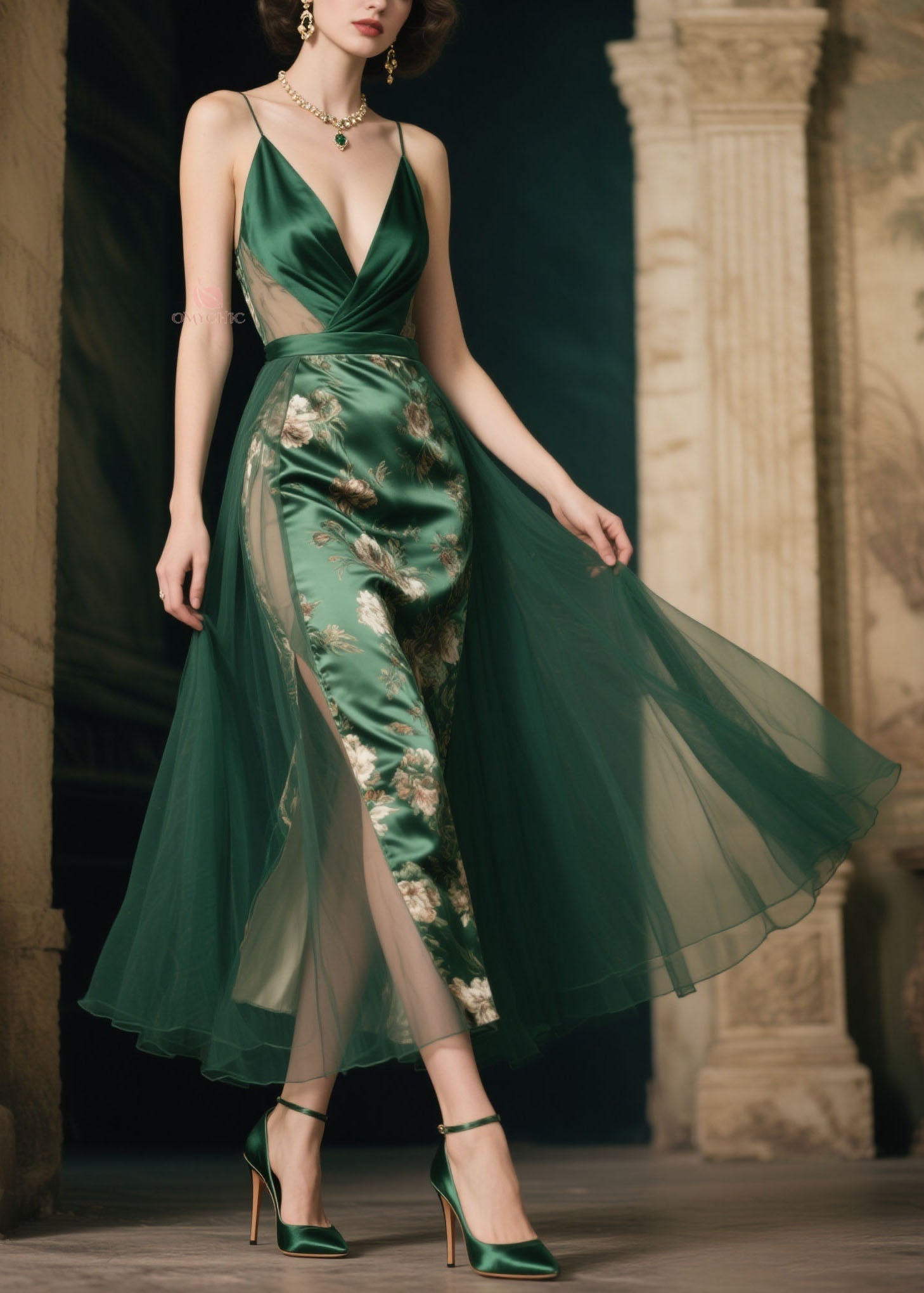 Satin Floral Spaghetti Strap Deep V-Neck Tulle Overlay Mesh Cut Out Midi Dress
