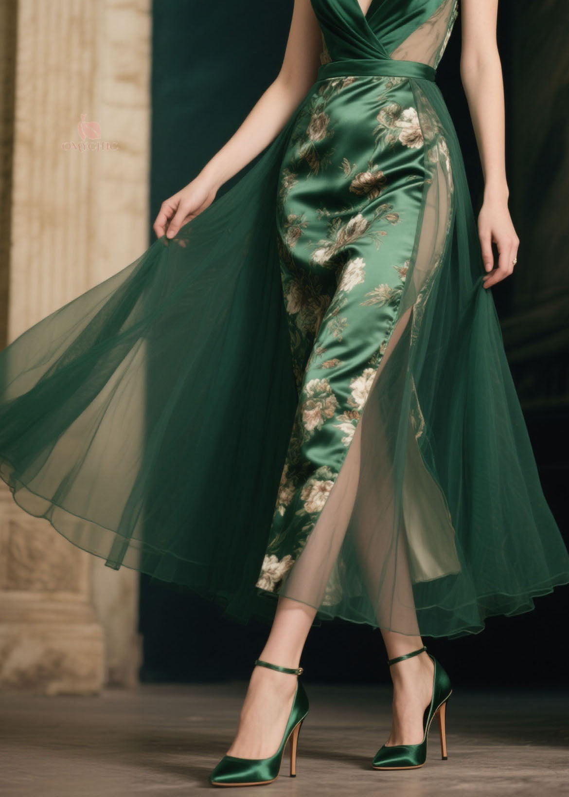 Satin Floral Spaghetti Strap Deep V-Neck Tulle Overlay Mesh Cut Out Midi Dress