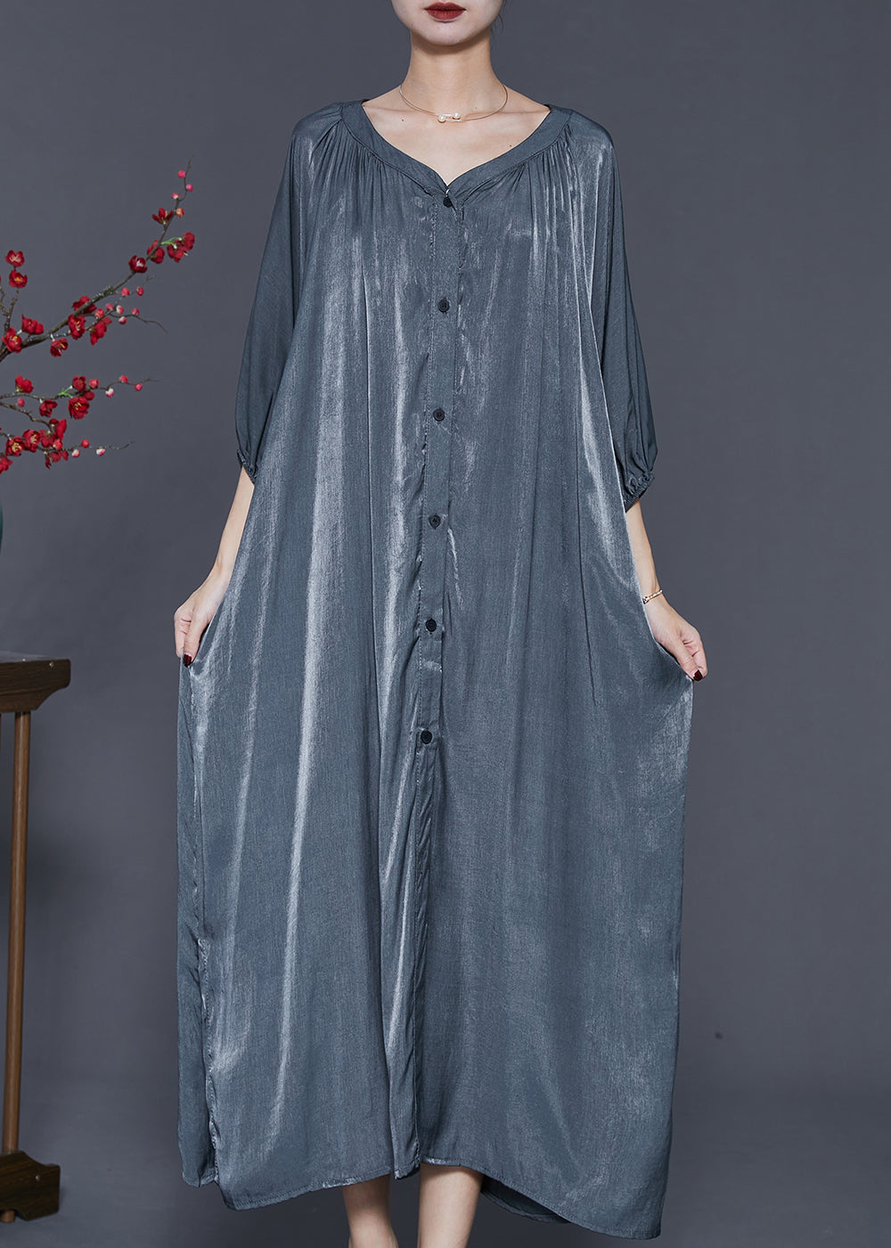 Metallic Crinkle V-Neck Button Down Three Quarter Sleeve Oversized Maxi Dress