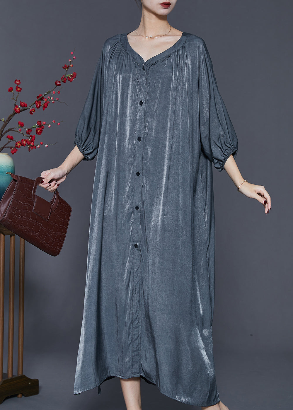 Metallic Crinkle V-Neck Button Down Three Quarter Sleeve Oversized Maxi Dress