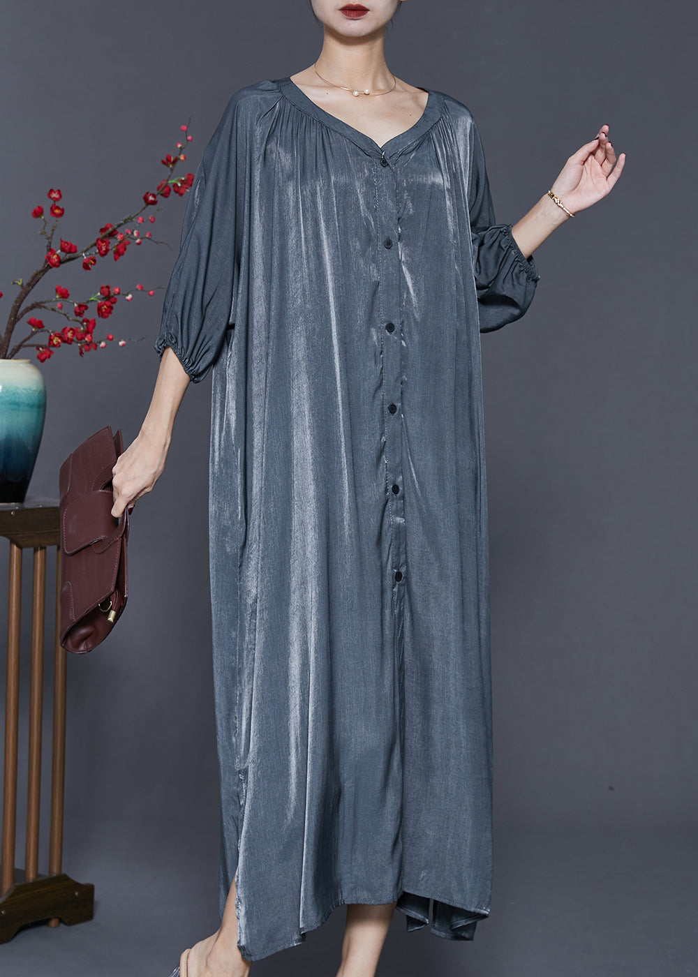 Metallic Crinkle V-Neck Button Down Three Quarter Sleeve Oversized Maxi Dress