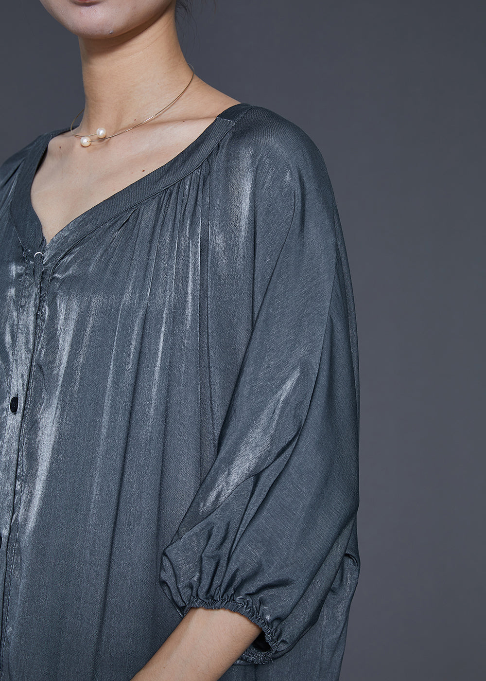Metallic Crinkle V-Neck Button Down Three Quarter Sleeve Oversized Maxi Dress