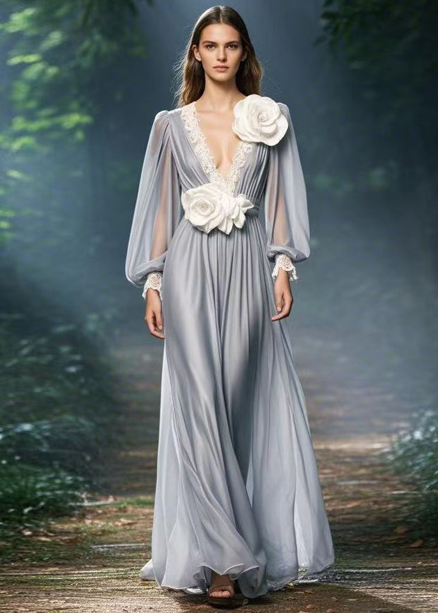 Chiffon Deep V-Neck Lace Trim Bishop Sleeve Floral Applique Maxi Gown